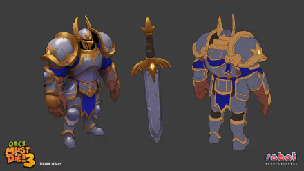 Orcs Must Die! 3 character concept art featuring armored knight with a sword, HD desktop wallpaper background.