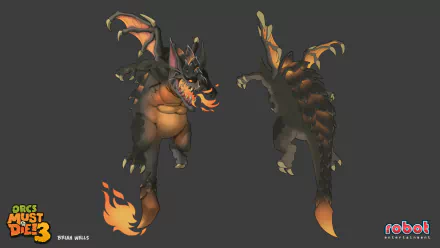 HD desktop wallpaper showcasing character models from Orcs Must Die! 3 game with a fiery aesthetic.