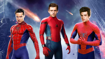 HD desktop wallpaper featuring Tobey Maguire, Tom Holland, and Andrew Garfield as Spider-Man from the movie Spider-Man: No Way Home.
