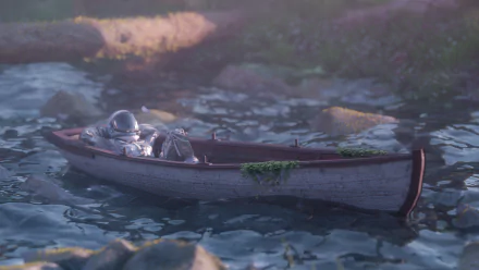 An astronaut relaxes in a small boat on a calm water body, surrounded by rocks and gentle light, in a sci-fi HD desktop wallpaper scene.