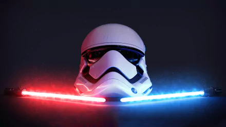 HD desktop wallpaper featuring a Stormtrooper helmet flanked by glowing red and blue lightsabers, encapsulating the Sci-Fi essence of the Star Wars universe.