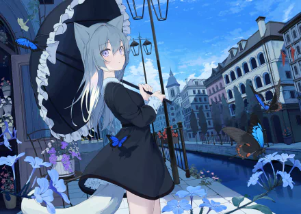 Anime girl with silver hair holding a black umbrella stands by a canal in a detailed 4K Ultra HD cityscape background, surrounded by blue butterflies.
