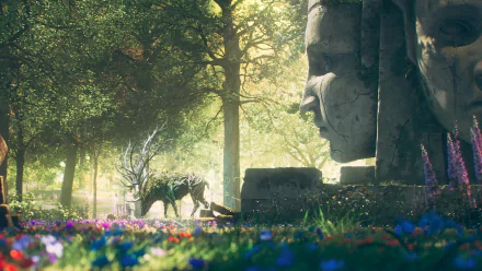HD wallpaper of the video game 'New World,' showcasing a serene forest scene with a mystical deer in front of ancient stone statues and vibrant flora.