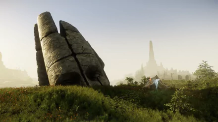 4K Ultra HD PC wallpaper showcasing a serene landscape from the video game New World, featuring massive ancient stone structures and lush green fields under a soft sky.