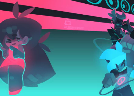 Video game Friday Night Funkin' HD PC desktop wallpaper and background: neon cyan and magenta illustration of two stylized characters facing off in a dynamic rhythm-game pose.