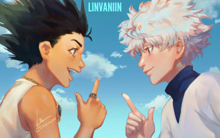 HD anime desktop wallpaper featuring Hunter x Hunter characters Gon Freecss and Killua Zoldyck facing each other with blue sky background.