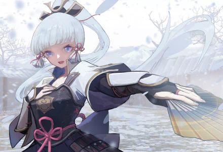 Kamisato Ayaka (Genshin Impact) video game character with blue hair in a ponytail and blue eyes, extending a fan by a snowy lakeside — 2K Quad HD PC desktop wallpaper.