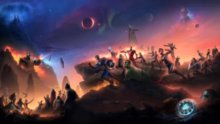 HD desktop wallpaper and background featuring an epic battle scene from the movie Avengers: Endgame, showcasing various Avengers characters amidst a dramatic, colorful sky and rocky terrain.