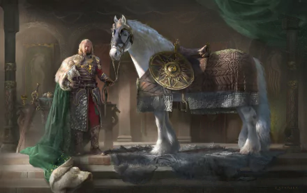 HD desktop wallpaper featuring Théoden from The Lord of the Rings standing beside a magnificent white horse, adorned in regal armor, within a grand hall.