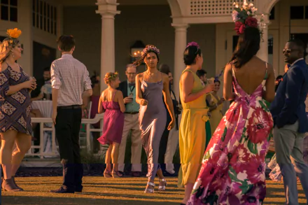 HD PC desktop wallpaper featuring Madison Bailey and cast members from the TV show Outer Banks at an elegant outdoor gathering.
