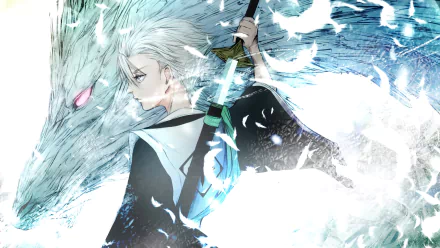 Tōshirō Hitsugaya from Bleach, depicted with icy blue tones and a dragon-like spirit, featured in a 4K Ultra HD anime desktop wallpaper.