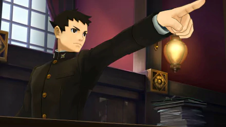 HD desktop wallpaper featuring a character from The Great Ace Attorney Chronicles pointing decisively in a courtroom setting.