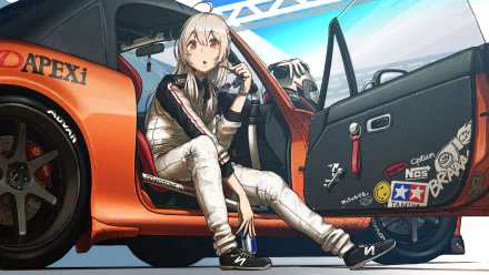 Anime girl in racing attire sits casually in an orange car with detailed decals, rendered in 4K Ultra HD for a vibrant PC desktop wallpaper and background.