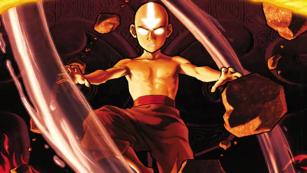 Aang from Avatar: The Last Airbender is depicted in this dynamic 4K Ultra HD wallpaper, showcasing his mastery of the elements with vibrant colors and intense energy.