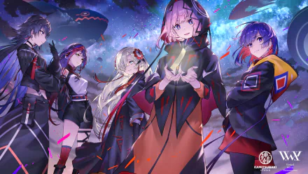 HD anime-style desktop wallpaper featuring Virtual YouTubers Koko, Isekaijoucho, Harusaruhi, RIM, and Kaf in a dynamic, vibrant scene.