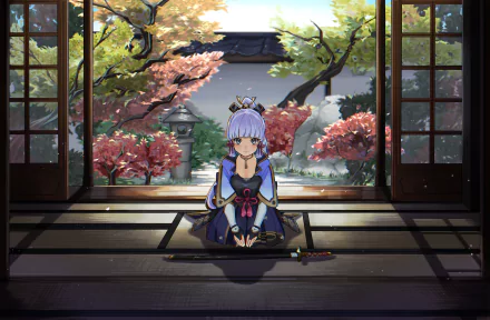 HD PC desktop wallpaper featuring Kamisato Ayaka from Genshin Impact, kneeling in a traditional Japanese-style room overlooking a vibrant garden with cherry blossoms.