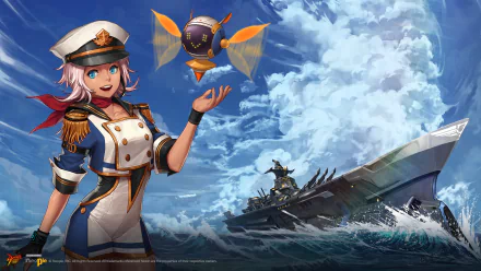 HD wallpaper of Dungeon Fighter Online with a female character in sailor outfit and companion against a backdrop of a stormy sea and battleship.
