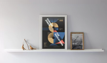 HD desktop wallpaper featuring a framed poster of Durand Jones & The Indications on a white shelf, with minimalistic decor and a serene vibe for background ambiance.
