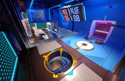 HD Splitgate game wallpaper featuring an in-game scoreboard and futuristic portals in a vibrant arena setting for desktop background use.