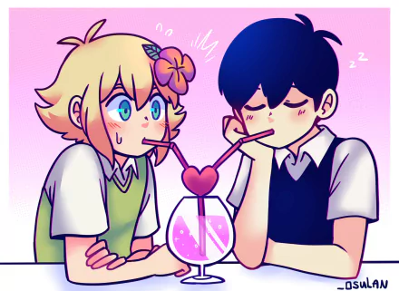 HD PC desktop wallpaper of Sunny and Basil from the video game OMORI sharing a drink with heart-shaped straws against a soft pink background.