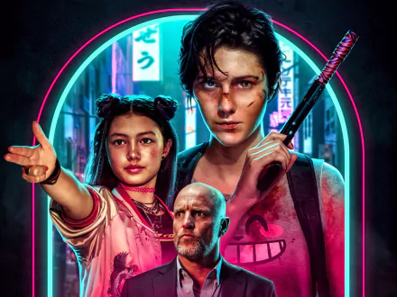 HD desktop wallpaper for the movie Kate: a bruised woman clutching a katana, a young girl pointing, and a bald man in a suit framed by neon-lit Tokyo streets.