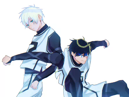 HD anime desktop wallpaper featuring Blue Lock characters Seishiro Nagi and Isagi Yoichi in dynamic poses against a white background.