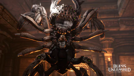 A high-definition wallpaper from the video game Bless Unleashed, featuring a formidable creature with multiple limbs and intricate details set in a dark, immersive environment.