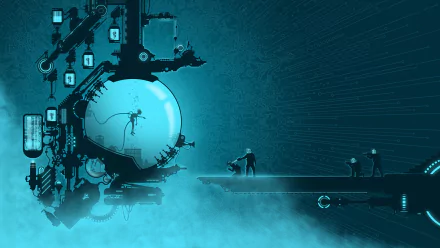 HD PC desktop wallpaper and background, sci-fi futuristic: glowing cyan mechanical sphere with a suspended figure, misty hovering platform with silhouettes and sprawling circuitry.