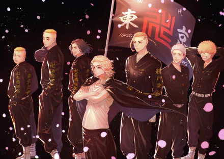 This HD desktop wallpaper features characters Nahoya Kawata, Haruki Hayashida, Takashi Mitsuya, Ken Ryuguji, Mikey Manjiro Sano, and Keisuke Baji from the anime Tokyo Revengers, under falling cherry blossoms.