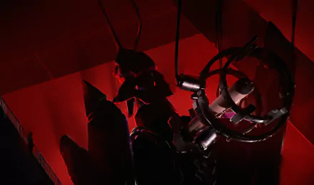 HD PC desktop wallpaper featuring a dark, intense scene from the anime Neon Genesis Evangelion, showcasing a dramatic red-lit mech silhouette.