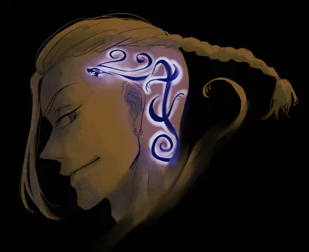 HD anime wallpaper featuring Ken Ryuguji from Tokyo Revengers, showcasing a close-up side profile with glowing blue tattoos on his shaved head.