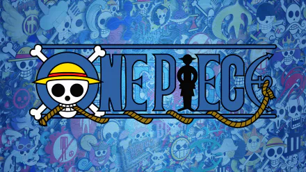 4K Ultra HD anime desktop wallpaper featuring the One Piece logo with a pirate skull wearing a straw hat, set against a detailed blue-toned background of various One Piece symbols.