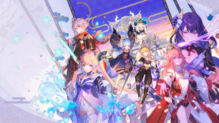 HD desktop wallpaper featuring characters Aether, Baal Raiden Shogun, Kamisato Ayaka, Kaedehara Kazuha, and Yae Miko Guuji from Genshin Impact, set in the Inazuma region from the video game Genshin Impact.