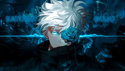HD PC desktop wallpaper featuring Satoru Gojo from the anime Jujutsu Kaisen, with glowing blue eyes and a blue rose against a dark, mystical background.
