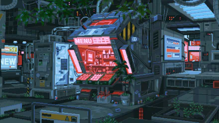 Artistic pixel art HD PC desktop wallpaper depicting a futuristic vending machine in a detailed cyberpunk urban setting at night.