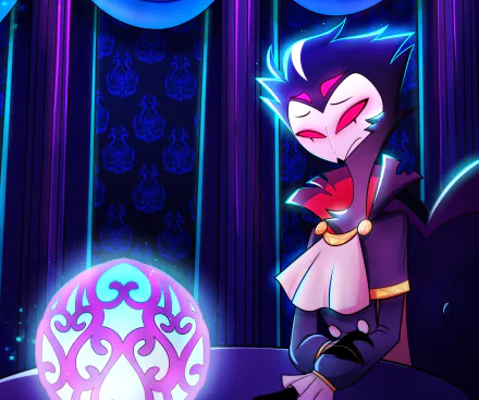 HD PC desktop wallpaper featuring Stolas from the TV show Helluva Boss, showcasing vibrant colors and a mystical, dark-themed background.