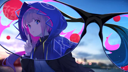 Anime-style virtual YouTuber Kaf with pink hair, blue eyes, glasses, and a hood, depicted in vibrant 4K Ultra HD detail against a blurred outdoor background.