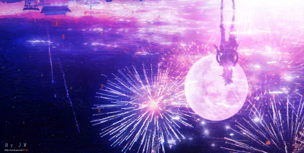 HD desktop wallpaper featuring Yoimiya from Genshin Impact with a background of vibrant fireworks against a night sky, creating a festive and colorful scene from the video game.