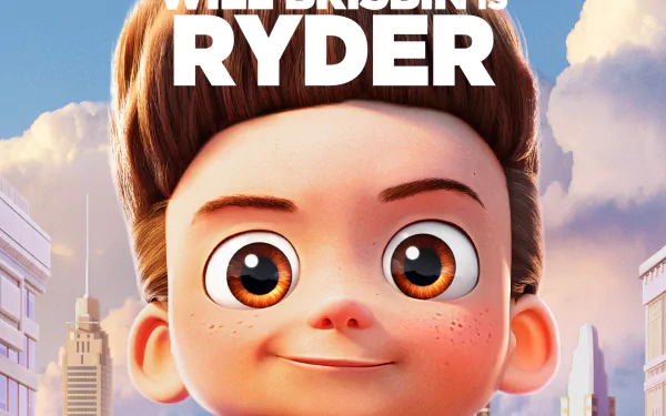 Close-up of Ryder from Paw Patrol: The Movie smiling before a sunny city skyline, HD PC desktop wallpaper and background.