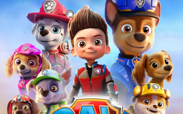 HD PC desktop wallpaper background from Paw Patrol: The Movie showing Ryder centered with Chase, Marshall, Skye, Rubble, Zuma and other pups in bright heroic poses