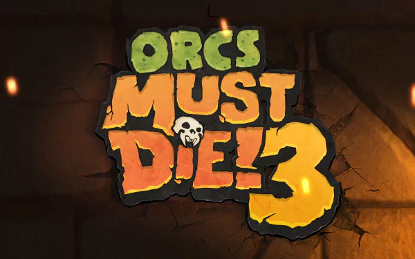 Logo of Orcs Must Die! 3 displayed prominently. The image serves as a vibrant 4K Ultra HD wallpaper, showcasing the game's distinctive title and theme.
