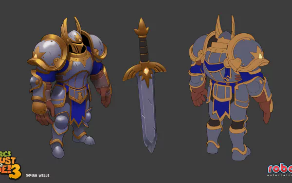 Orcs Must Die! 3 character concept art featuring armored knight with a sword, HD desktop wallpaper background.