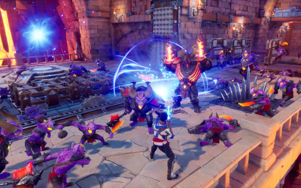 HD Wallpaper of Orcs Must Die! 3 gameplay featuring dynamic battle scene with characters and orcs in a fortress environment for desktop background.