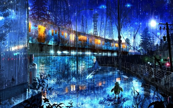Anime Train Rain Robot Night HD Wallpaper | Background Image