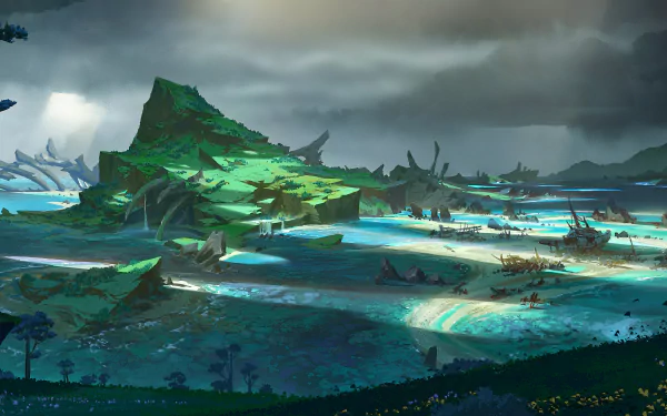 HD desktop wallpaper showcasing the lush and mystical landscape of Inazuma from the video game Genshin Impact. The scene features dramatic lighting and rugged terrain, capturing Inazuma's ethereal beauty.