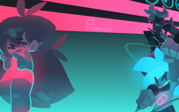 Video game Friday Night Funkin' HD PC desktop wallpaper and background: neon cyan and magenta illustration of two stylized characters facing off in a dynamic rhythm-game pose.