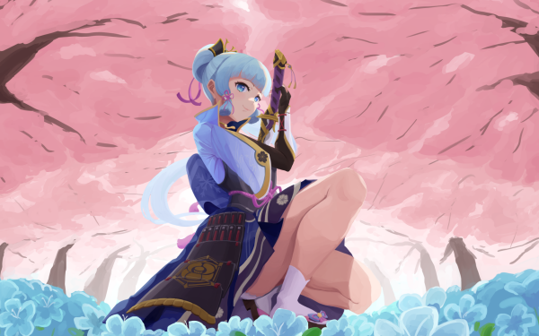 Video Game Genshin Impact Kamisato Ayaka Blue Eyes Blue Hair Cherry Blossom HD Wallpaper | Background Image