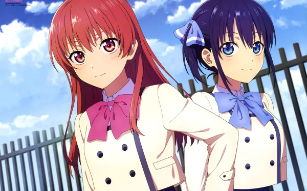 4K Ultra HD anime wallpaper featuring Nagisa Minase and Saki Saki from Kanojo mo Kanojo, standing against a bright blue sky with a fence in the background.