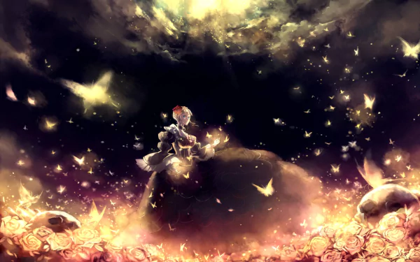 A captivating HD desktop wallpaper featuring Beatrice from Umineko no Naku Koro ni, surrounded by swirling butterflies and a mystical landscape of roses and skulls.