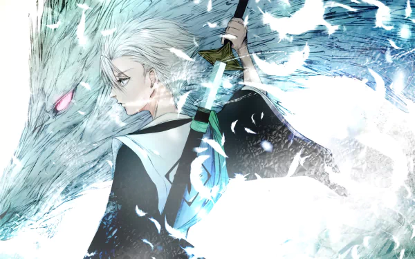 Tōshirō Hitsugaya from Bleach, depicted with icy blue tones and a dragon-like spirit, featured in a 4K Ultra HD anime desktop wallpaper.
